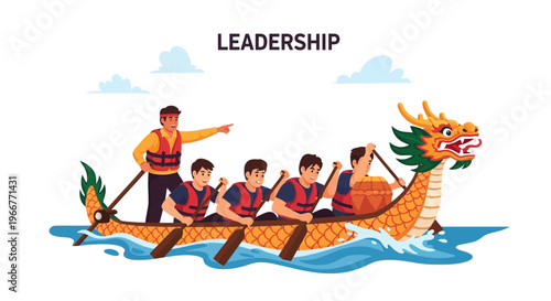 A dynamic illustration of a dragon boat team rowing in unison with a leader directing them, embodying teamwork and strategic direction.