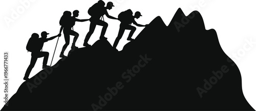 Silhouette of group of hikers climbing mountain peak teamwork adventure trekking concept outdoor expedition success leadership challenge nature vector illustration isolated
