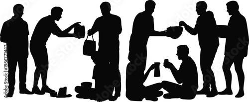 Silhouette of volunteers distributing food and donations to poor homeless people charity support community help concept social care humanitarian aid vector illustration