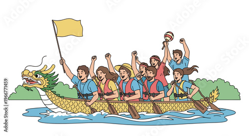 Excited group of people in a dragon boat, paddling and celebrating victory with a flag held high