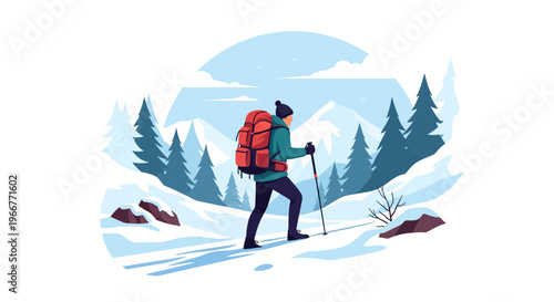 Man hiking with a large red backpack and poles through a snowy mountain landscape in winter