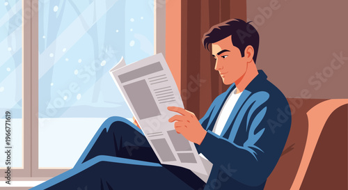 Man reading a newspaper indoors during winter, a moment of quiet contemplation and information.