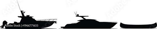 Silhouette set of different boats including fishing boat luxury yacht and canoe isolated on white background marine transport nautical collection vector illustration