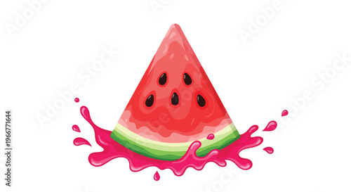 Fresh watermelon slice with pink juice splash, vibrant red fruit triangle with black seeds, summer food vector illustration for healthy menu and drink labels