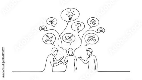 Continuous line drawing of business people brainstorming.