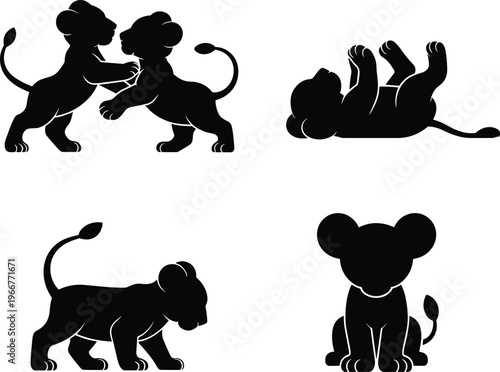 Playful lion cub silhouettes in various poses, flat vector illustration design for wildlife, animals, safari, nature, jungle, feline art