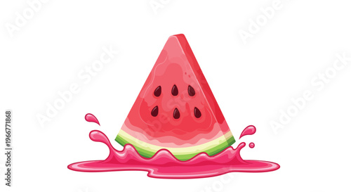 Fresh watermelon slice vector illustration with pink juice splash, red fruit wedge with black seeds and green rind, summer food graphic for menu design