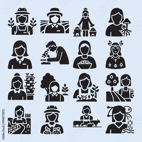 Set of 16 avatars representing different types of farmers.
