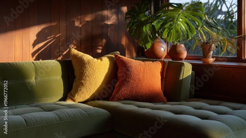 Corner of a living room with a green sofa. the sofa has a tufted backrest and is upholstered in a dark green fabric.