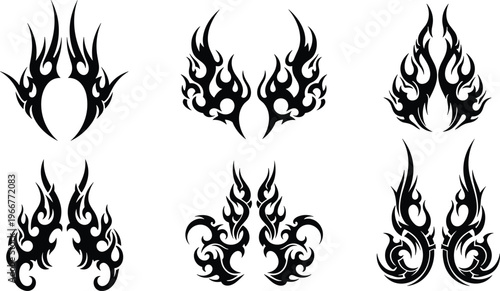 Flame tribal silhouettes set, fire tattoo style elements collection, abstract burning shapes vector illustration isolated on white background for decorative and graphic design