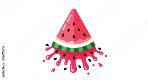Juicy watermelon slice vector illustration with pink juice splash, fresh summer fruit wedge with black seeds, vibrant flat design food icon for menu graphics