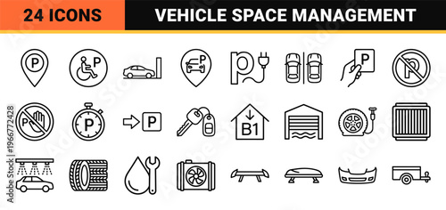 Minimalist Monoline Parking and Vehicle Management Symbols Featuring Geometric Line Art for Urban Infrastructure and Smart City Apps