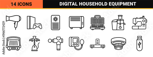 minimalist monoline geometric line art depicting household consumer electronics and smart home appliances for modern interface design.
