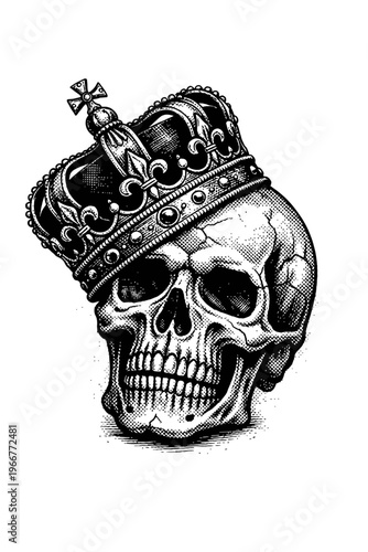 Regal Skull Crown Illustration: Vintage Engraved Black & White Artwork featuring Ornate Royal Crown, Fleur-de-lis, Jewels & Cross. Gothic Tattoo Art, Memento Mori, Power, Mortality, Dark Fantasy Aesth