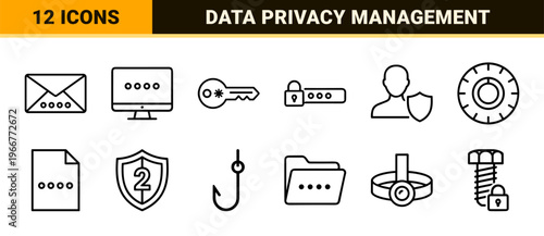 Cybersecurity and Digital Access Control Minimalist Monoline Outline Icon Set for Secure Interface Design and Data Privacy Web Projects.