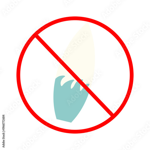 Prohibition sign with a surfboard crossed out in a red circle. Warning symbol for restricted surfing or water sports in a specific area.