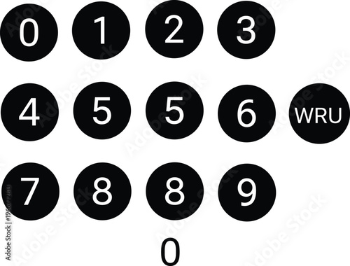 Numeric keypad layout with circles, phone dial pad numbers and WRU text button, minimal black vector illustration isolated on white background