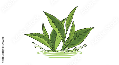 Fresh green tea leaves with liquid splash vector illustration. Organic tea plant foliage in water ripple. Botanical matcha tea herb for beverage packaging.
