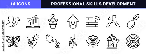 Minimalist monoline personal growth and career development line art symbols for professional coaching, mentorship, and self-improvement apps.