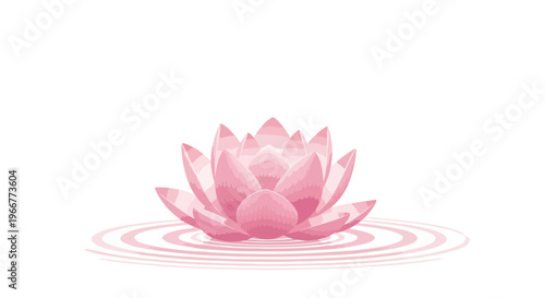 Pink lotus flower vector illustration, blooming water lily on pond ripples, zen floral botanical element for spa and wellness branding, elegant nature icon