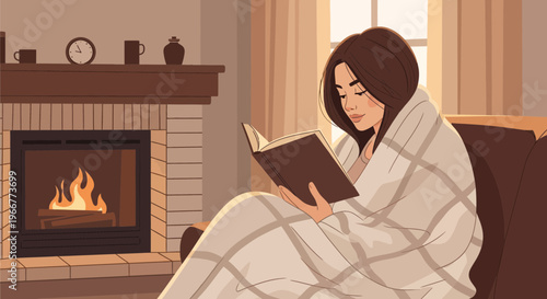 Cozy young woman wrapped in a blanket reading a book near a fireplace, enjoying a peaceful indoor moment