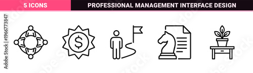 Corporate Strategy and Business Management Minimalist Monoline Icon Set for Professional Interface Design and Data Visualization