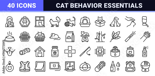 Minimalist Feline Care Geometric Line Art Set featuring Domestic Cat Behavior, Grooming, and Pet Ownership Essentials in Monoline Style