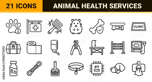 Veterinary Clinic and Pet Care Minimalist Monoline Outline Symbols for Animal Health, Medical Grooming, and Wellness Services.