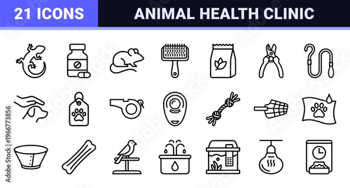 Professional Veterinary and Pet Care Outline Icons. Minimalist monoline geometric line art for animal health, grooming, and supplies.