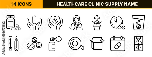 Minimalist monoline pharmaceutical icon set featuring geometric healthcare line art for medical clinics, drugstores, and wellness apps.