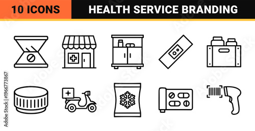 Pharmacy and Pharmaceutical Line Art Featuring Minimalist Monoline Geometric Symbols for Medical Healthcare and Drugstore Digital Interface