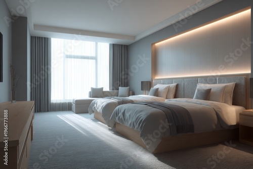 Twin beds in a modern, well-lit hotel room with large window.