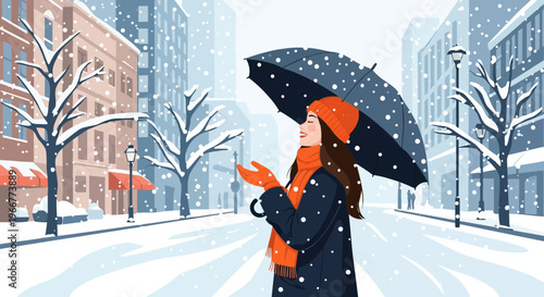 Joyful woman in winter coat and orange scarf enjoying snowfall under umbrella in a city street