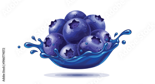 Realistic blueberry splash vector illustration, glossy blue fruit cluster with juice drops. Fresh berries icon for packaging, menu, label design