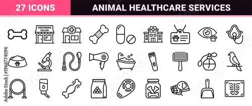 Veterinary Clinic and Pet Care Minimalist Monoline Line Art Featuring Animal Healthcare, Grooming, and Medical Equipment Outline Symbols.