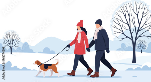 A couple walks their dog in a snowy winter landscape, holding hands for warmth and companionship