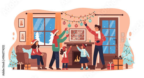 Happy Family Decorating a Cozy Home for Christmas During Winter Holidays