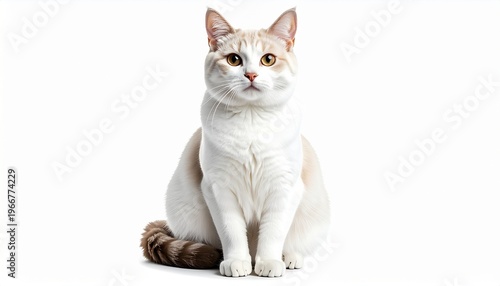 Minimalist realistic cat sitting calmly, elegant pose, clean white background, isolated subject, soft natural lighting, high detail fur, centered composition, modern stock photo style, 8K