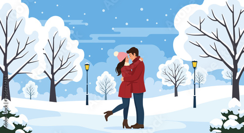 A loving couple hugs warmly while standing in a snowy winter park under falling snowflakes