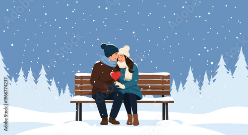 Loving couple sharing a tender moment on a snowy winter day, holding a heart shape