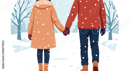 A loving couple holding hands while walking in a snowy winter landscape.