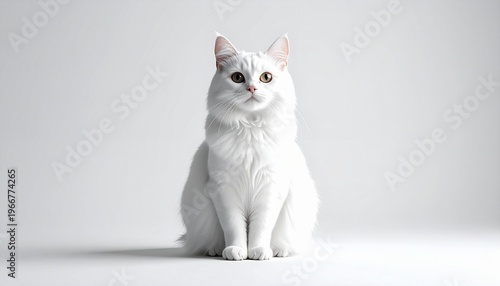 Minimalist realistic cat sitting calmly, elegant pose, clean white background, isolated subject, soft natural lighting, high detail fur, centered composition, modern stock photo style, 8K