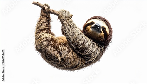 Realistic sloth hanging calmly, relaxed expression, minimal clean background, soft lighting, natural pose, isolated subject, high detail fur, 8K stock image