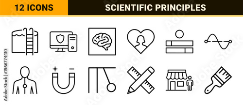 Physics Principles and Scientific Theory Icon Set Featuring Minimalist Monoline Geometric Outlines for Education and Research Design.
