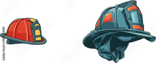 A professional illustration of a detailed firefighter helmet with a visor, helmet lamp, and complex badge design, rendered in vibrant flat colors isolated on white