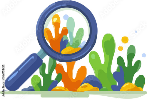 A professional 2D flat illustration of a detailed geologist magnifying glass examining a gold nugget in an underwater