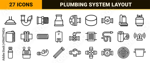 Industrial Pipeline and Plumbing Infrastructure Linear Graphics featuring Minimalist Monoline Engineering Symbols for Technical Documentation.