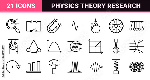 Physics Principles and Scientific Research Minimalist Monoline Icon Set, Geometric Line Art for Education and Laboratory Engineering