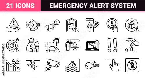 Risk Management and Crisis Communication Outline Symbols, minimalist Monoline Geometric Line Art for Safety and Threat Assessment