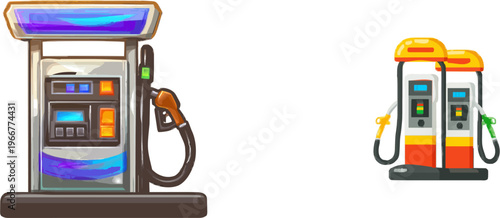 A detailed gas station pump illustration features a sleek design with a digital display, hose, nozzle, and vibrant red and grey colors against a white background